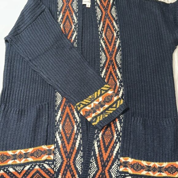 Lucky Brand Navy Orange White Gold Aztec Ribbed Knit Open Front Pocket Cardigan - Picture 12 of 12